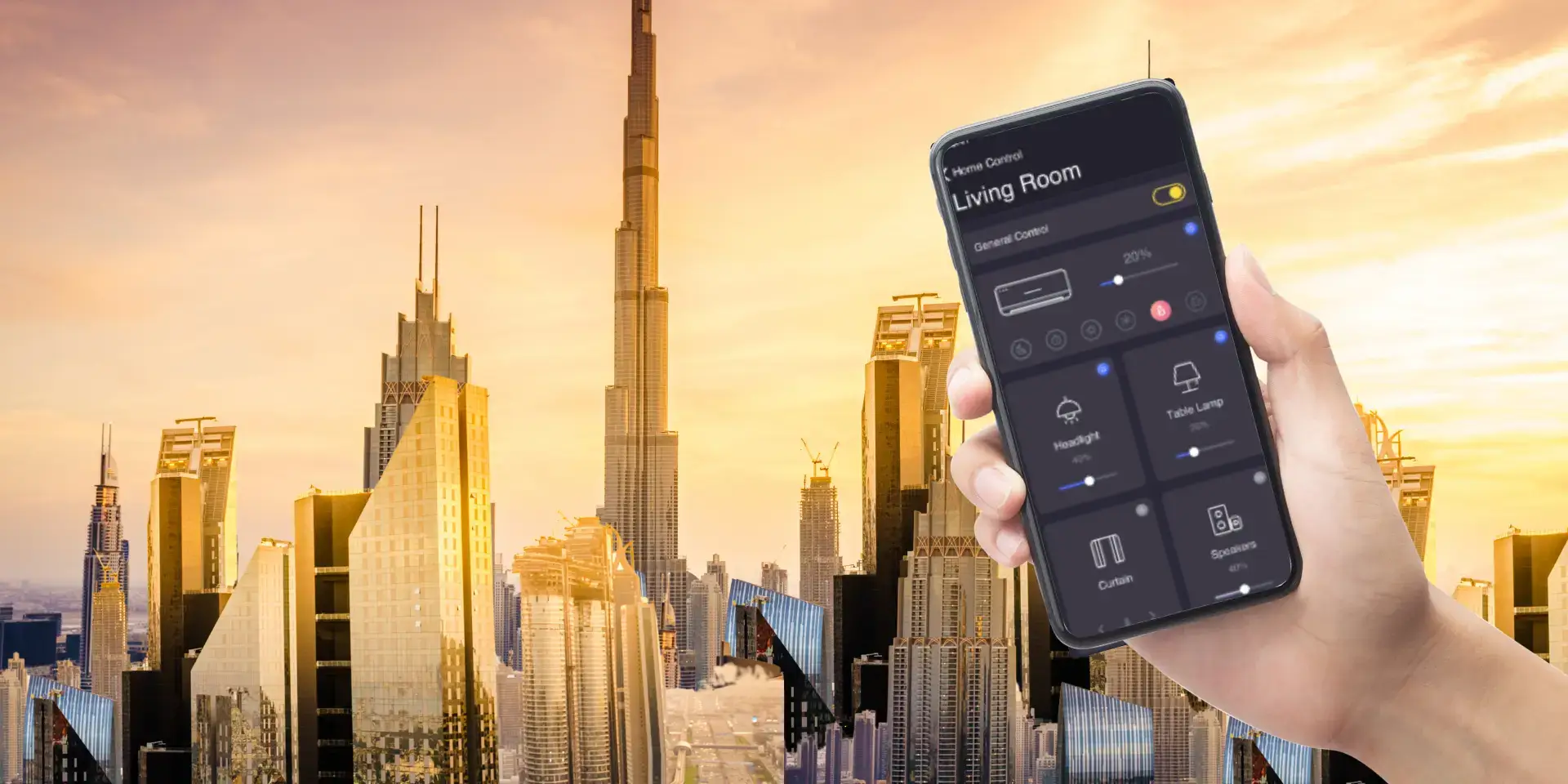 Modern Dubai luxury home interior featuring smart automation technology including voice control, automated lighting, and integrated security systems