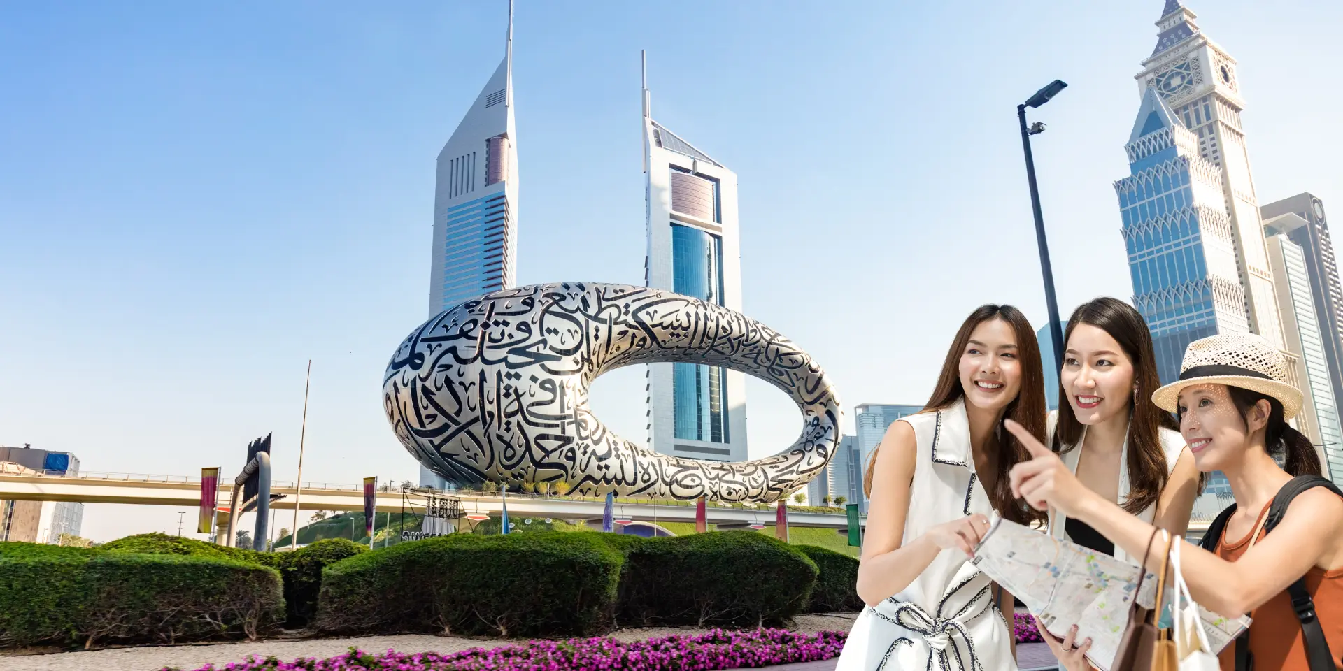 Dubai skyline featuring Burj Khalifa with tourists enjoying various attractions and activities