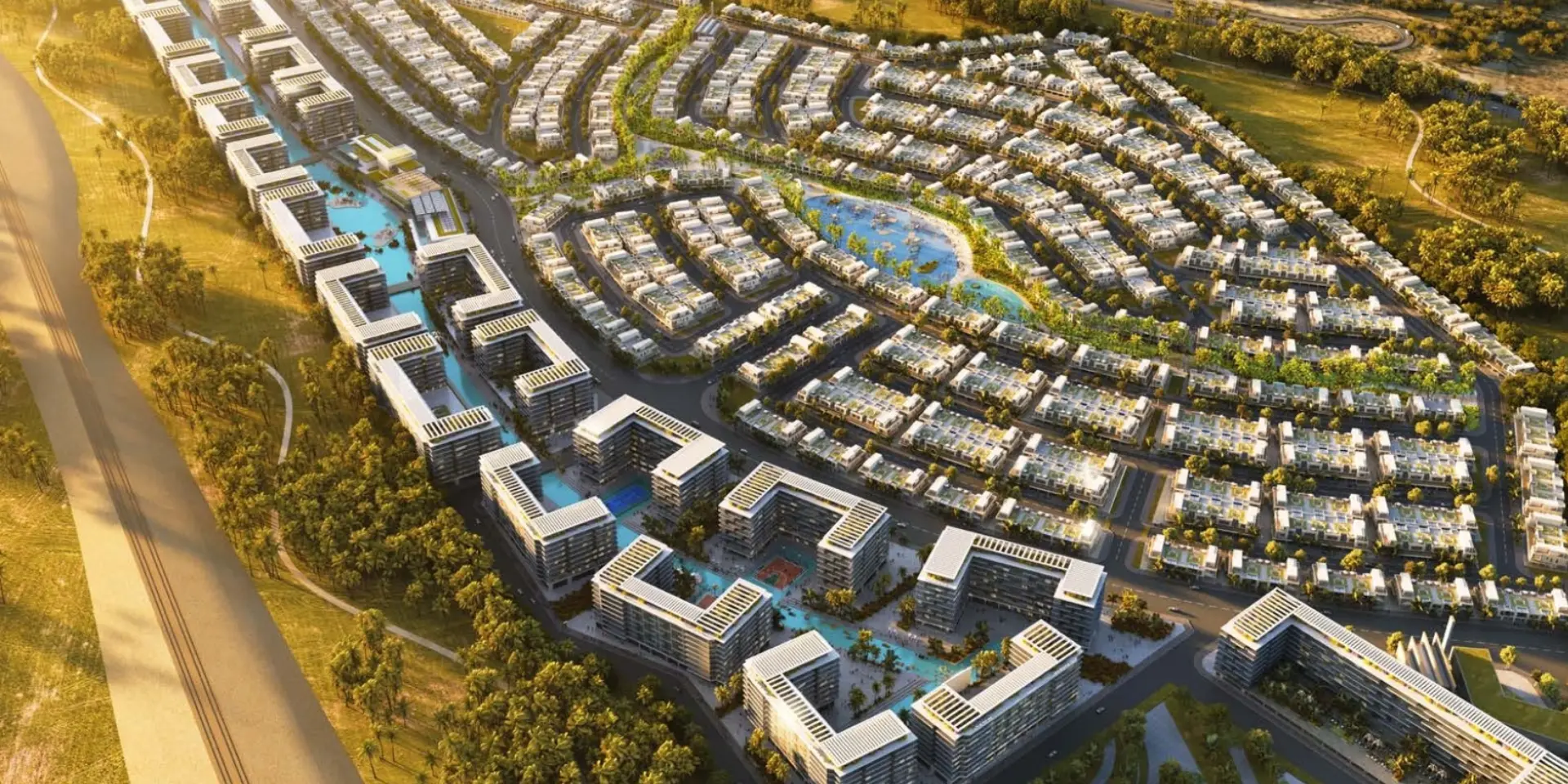 Damac Riverside Dubai waterfront community showcasing luxury villas and modern apartments with green landscapes