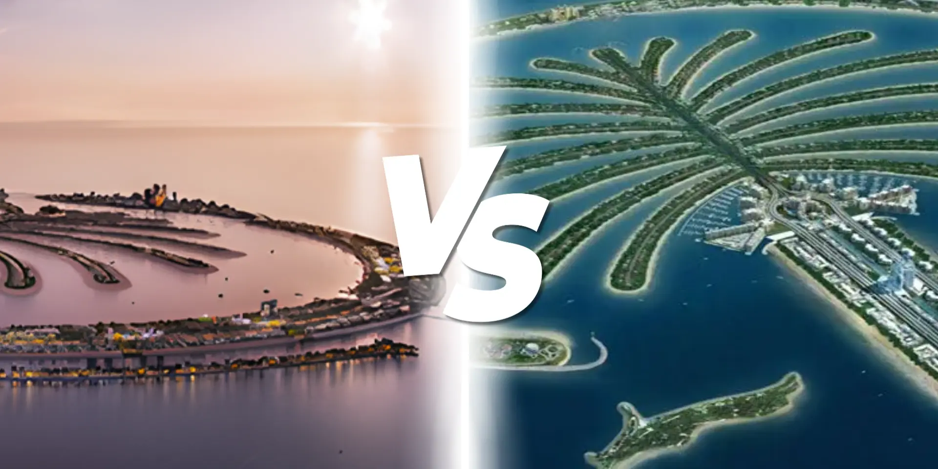 Aerial view comparing Palm Jebel Ali and Palm Jumeirah iconic palm-shaped islands in Dubai