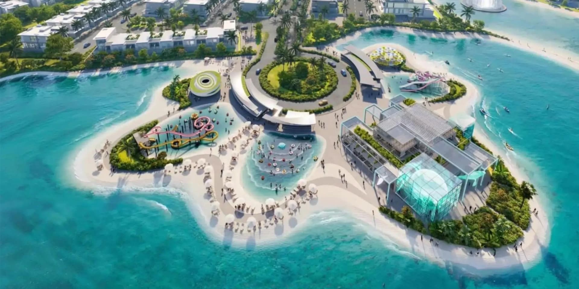 Collage showing four Dubai master-planned communities Sobha Sanctuary Damac Islands The Valley and Tilal Binghatti