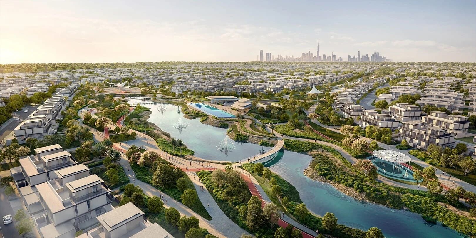 Split view showing Dubai waterfront marina and green community with parks representing lifestyle options