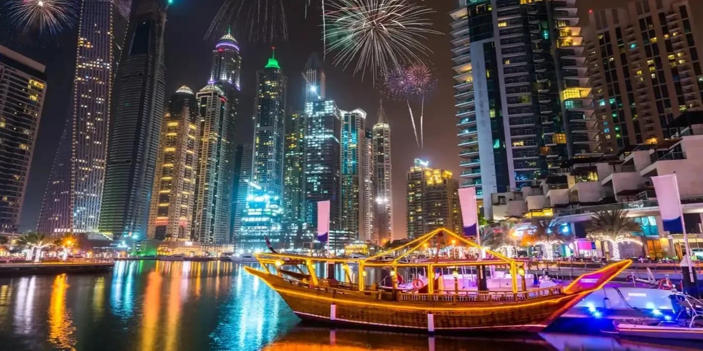 Dubai skyline illuminated with festive Eid lights and fireworks celebration