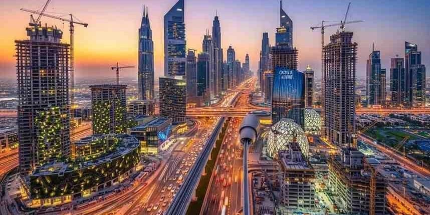 Dubai construction skyline with cranes and modern buildings showcasing Q1 2026 growth
