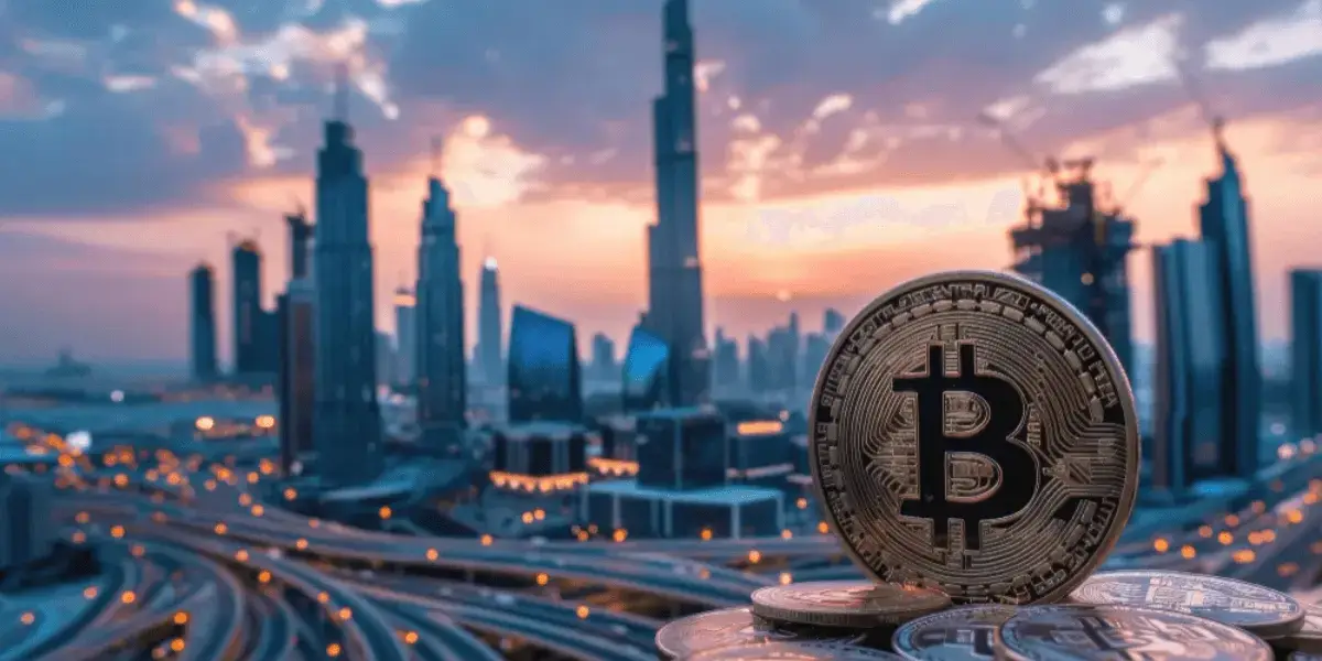 Bitcoin and blockchain property tokenization illustration with Dubai skyline