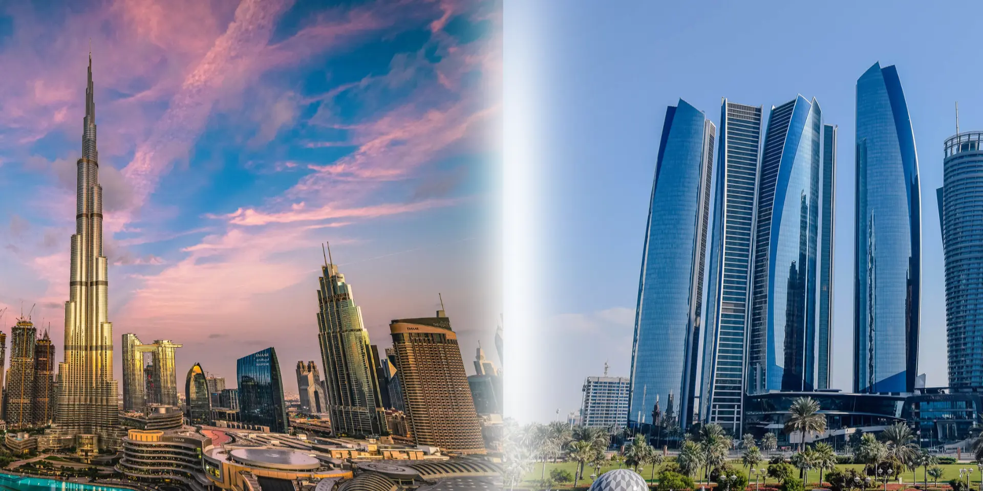 Skyline comparison showing Dubai modern architecture and Abu Dhabi cultural landmarks