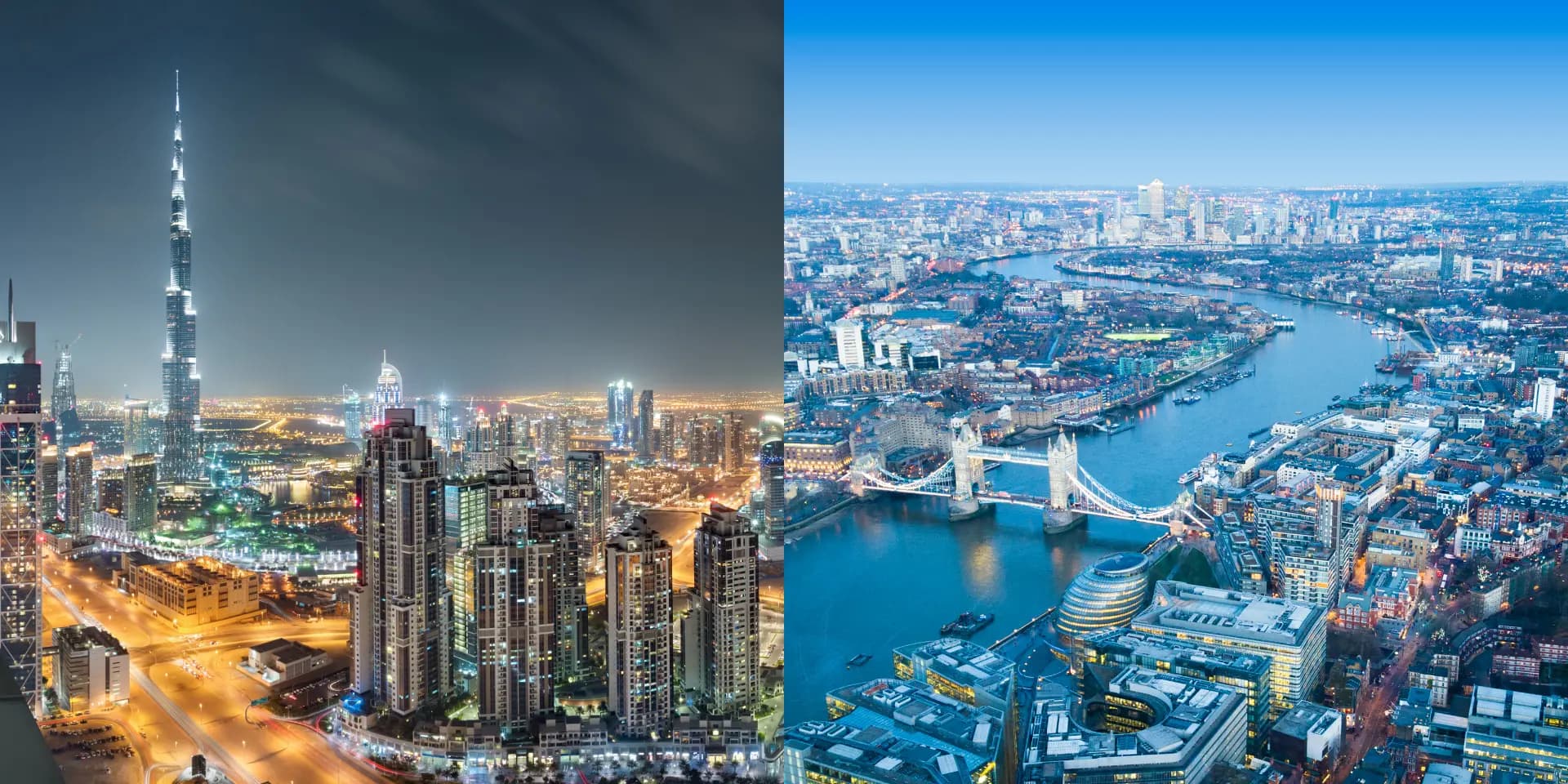 Dubai and London skylines comparing real estate markets 2025