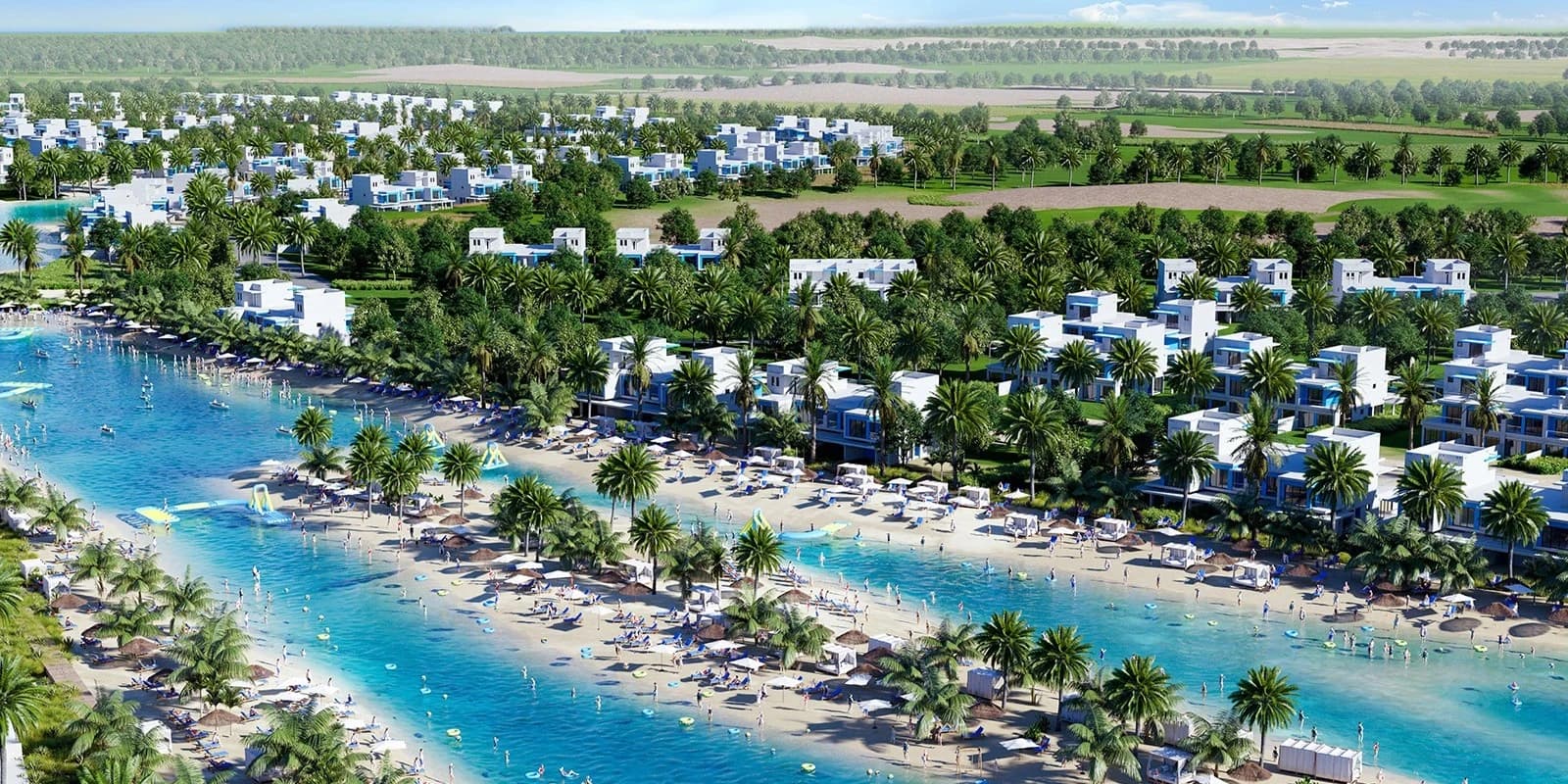 Stunning crystal lagoon with luxury villas representing Dubai lagoon community lifestyle