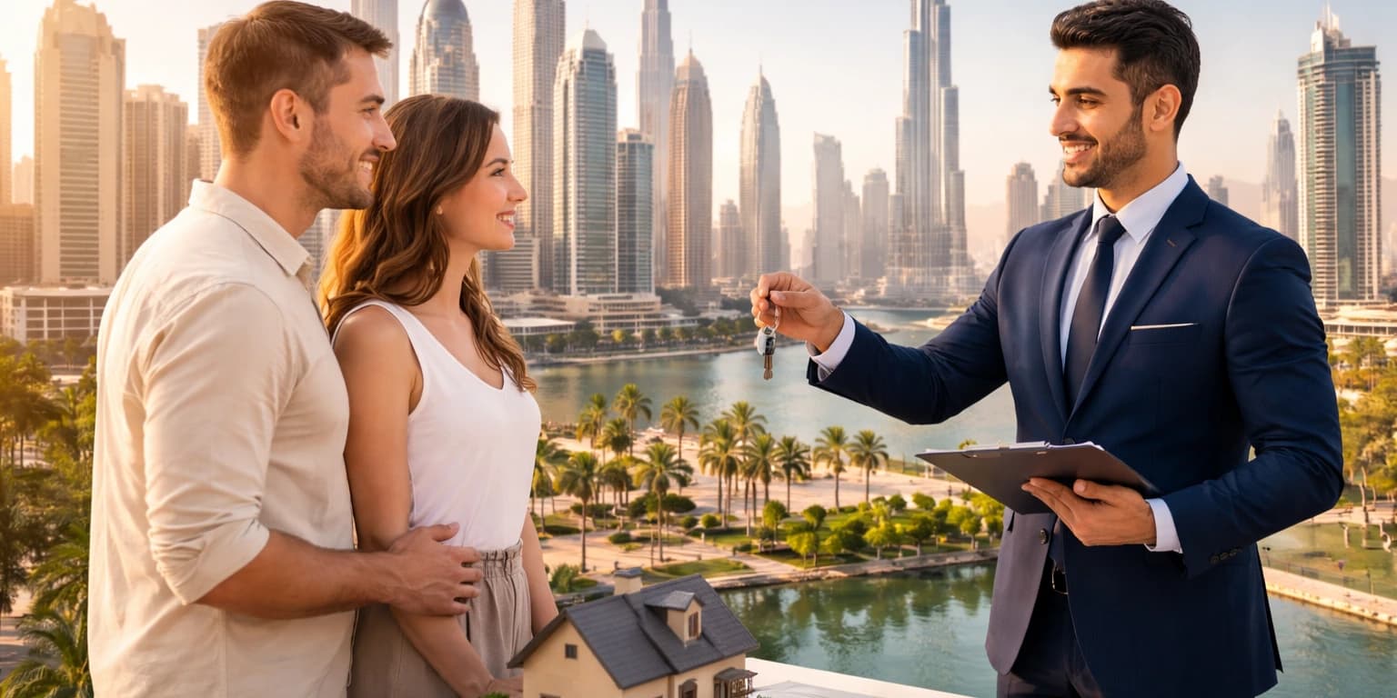 International investors reviewing Dubai property investment opportunities with modern skyline background