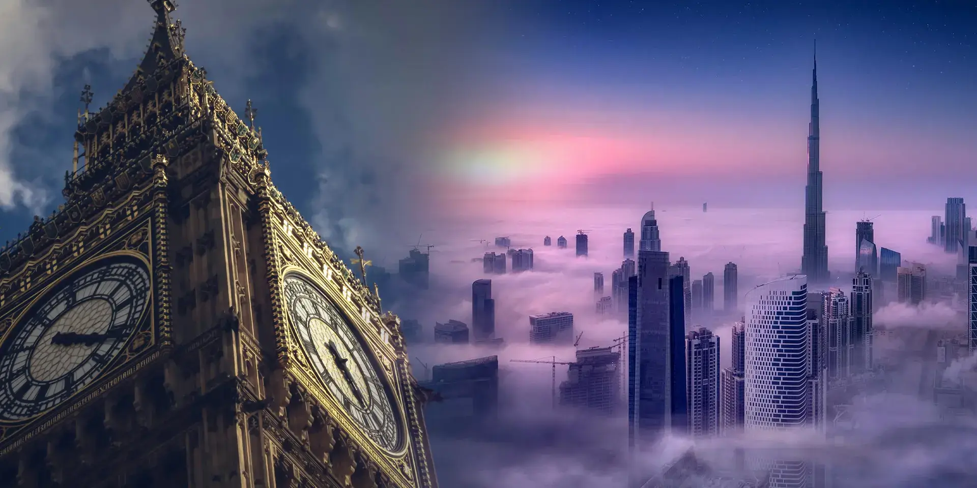 Dubai vs London real estate comparison showing skylines and investment charts